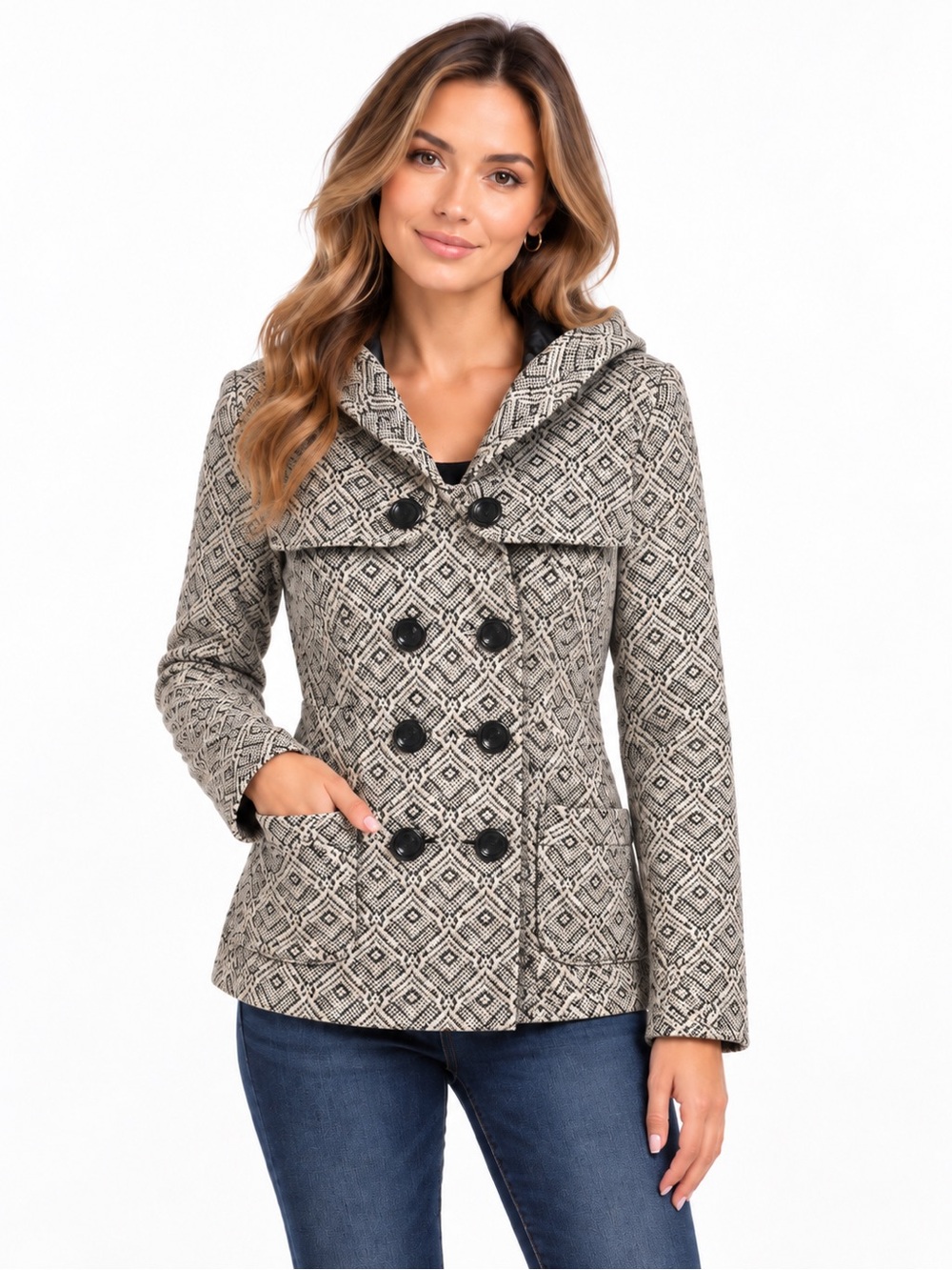 Forever 21 Diamond-Print Hooded Peacoat Jacket - Gray